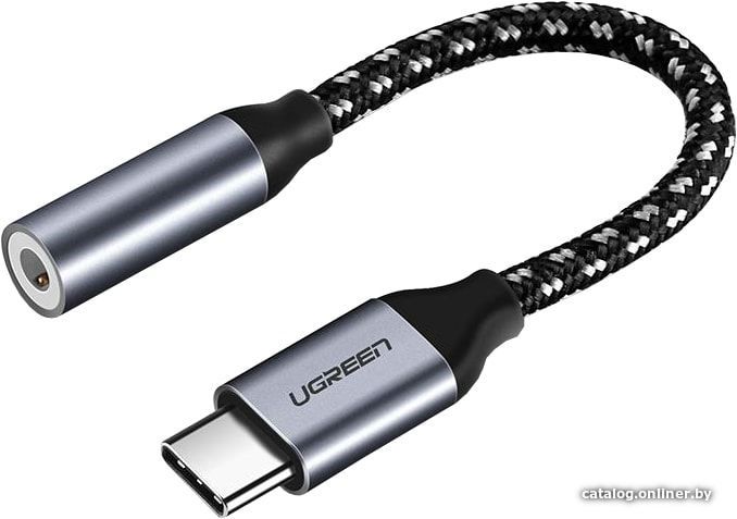 30632 Кабель UGREEN AV142 USB Type C - 3.5mm аудио, оплетка, цвет: черный+белый, 0.1M