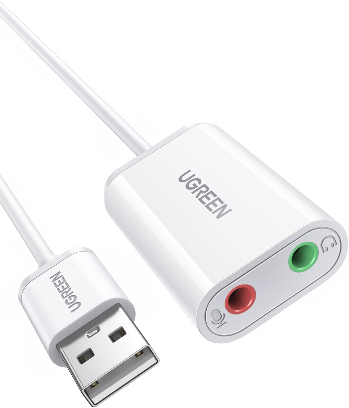30143 Звуковая карта внешня UGREEN US205, USB to 2 AUX 3.5mm (микрофонный вход + аудиовыход), с проводом 15cm, цвет: белый
